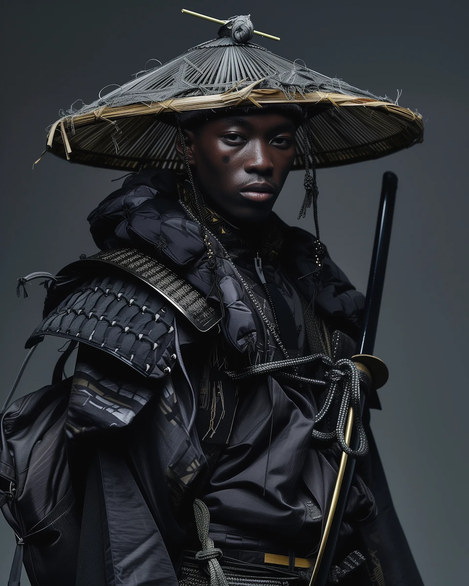 A model in Urban Samurai Fusion attire, where traditional samurai elegance meets modern urban style